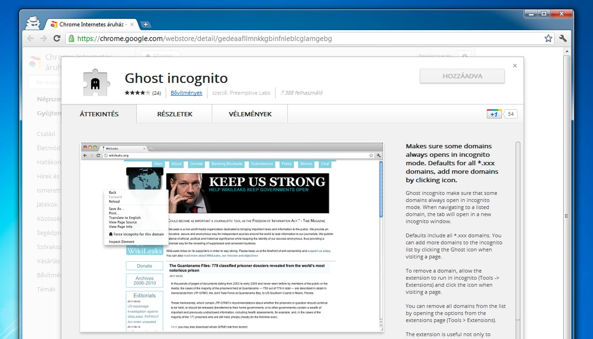 Megadott weblapok megnyitása mindig inkognitómódban