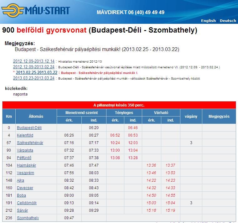 350 percet késik a szombathelyi gyors