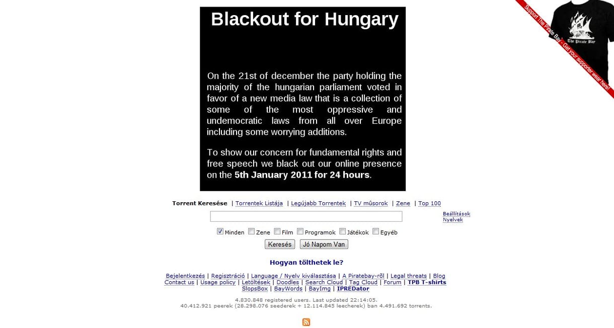 A magyar médiatörvény ellen tiltakozik a Piratebay is