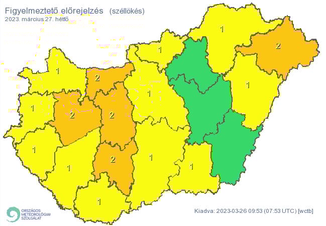 Citromsárga figyelmeztető jelzést adott ki a meteorológiai szolgálat hétfőre