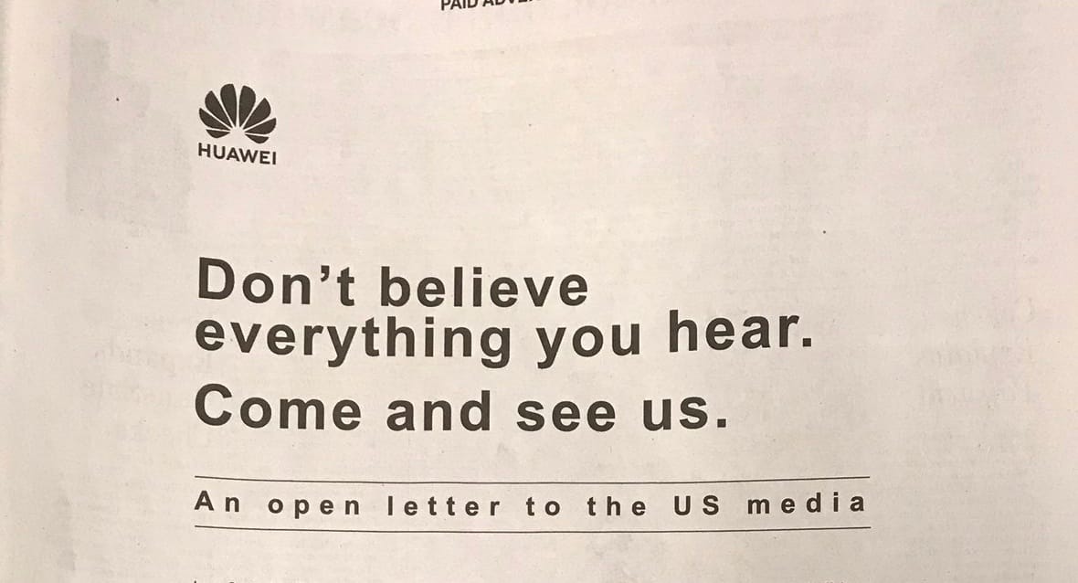 Visszavág a Huawei: egész oldalas hirdetésben hívták meg a cég központjába a teljes amerikai sajtót