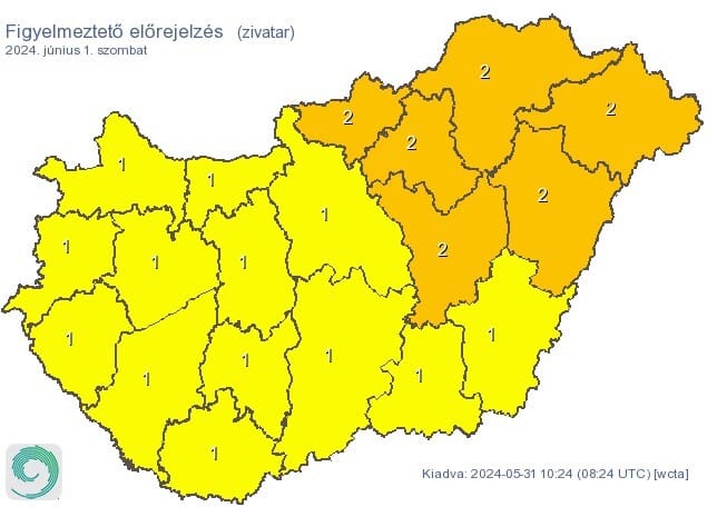Szombatra az egész országra figyelmeztetést adtak ki zivatar miatt, több megye narancssárgába borul