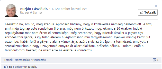 Esik a hó, Surján Lászlónak Petőfi jut eszébe