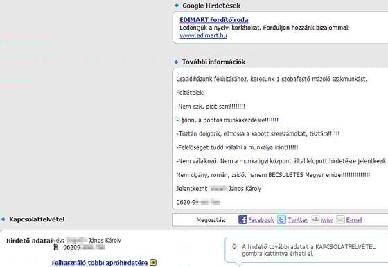 „Nem cigányt, románt, zsidót; becsületes magyart” kerestek az Expressz-hirdetésben