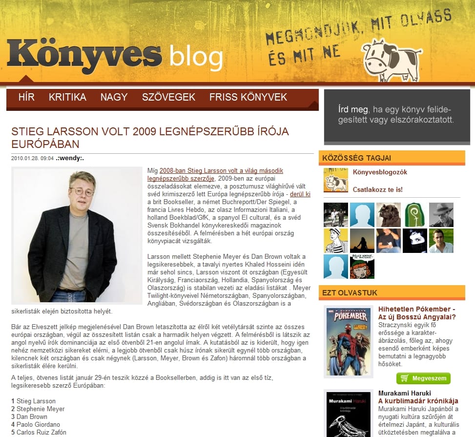 Stieg Larsson volt 2009 legnépszerűbb írója Európában