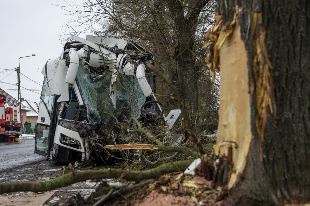 Fának csapódott egy Volánbusz Lőrinciben, kettészelte az elejét a törzse