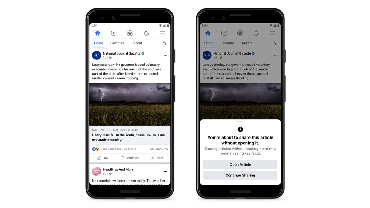Fel fog bukkanni egy új ablak a Facebookon, ha elolvasás nélkül osztana meg egy cikket