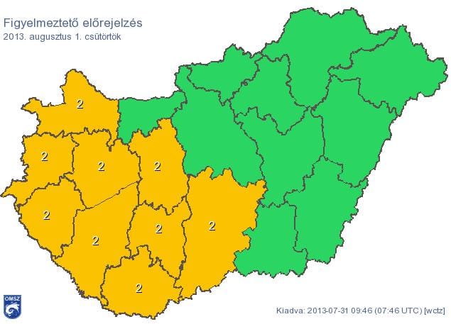 Narancs figyelmeztetést adtak ki holnapra kilenc megyére