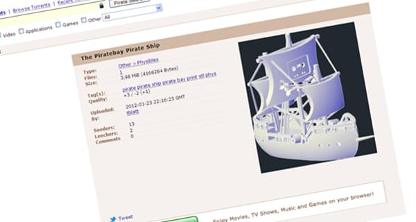 Tervrajzok 3D nyomtatáshoz - a PirateBay kínálatában