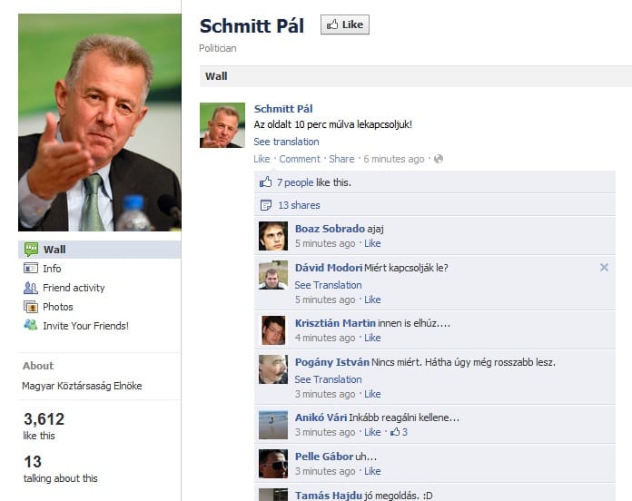 Lekapcsolták Schmitt Pál Facebook-oldalát