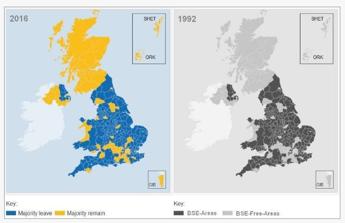 Kamu a Brexit-térképhez hasonlító kergemarhakór-térkép