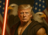 Az izompacsirta Trump sasos, lézerkados képpel ünnepli a nemzetközi Star Wars-napot
