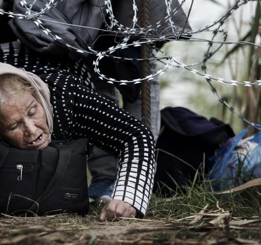 Idős asszony kúszik át a szögesdrót alatt a szerb határon