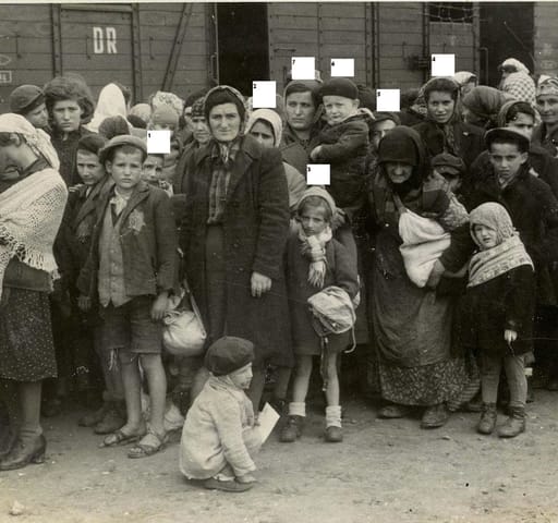 A magyar Berkovics-Klein család érkezése Auschwitzba 1944. május 27-én. 1. Klein Renee (12 éves) 2. Klein Hajnal, Renee, Irén, Herczi és Lili édesanyja (meggyilkolták) 3. Klein Irén (7 éves, meggyilkolták) 4. Klein Lili (18 éves, túlélő) 5. Klein Herczi (15 éves, túlélő) 6. Berkovics Adalbert Avrom (5 éves), 7. Berkovics Irina, Adalbert édesanyja (37 éves)