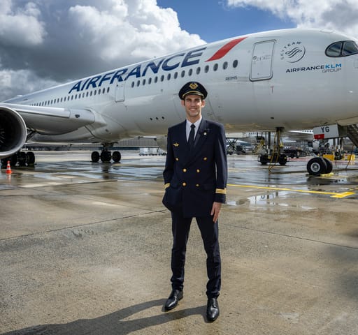 Az Air France pilótája, Antoine egy Airbus A350-es utasszállító géppel pózol egy fotózáson a Párizs-Charles de Gaulle repülőtéren, Párizstól északra, a Roissy-en-France repülőtéren 2024. április 4-én.