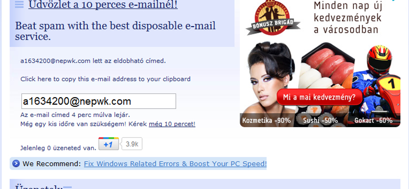 Spamek ellen: e-mail cím, csak 10 percre!