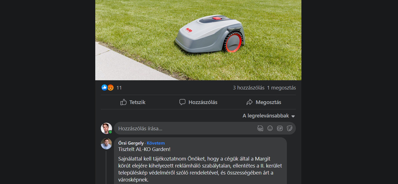 Kommentben szólt a robotfűnyírós cégnek és a Yettelnek a II. kerületi polgármester