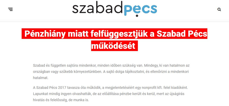 Pénzhiány miatt felfüggeszti működését a Szabad Pécs