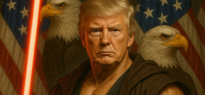 Az izompacsirta Trump sasos, lézerkados képpel ünnepli a nemzetközi Star Wars-napot