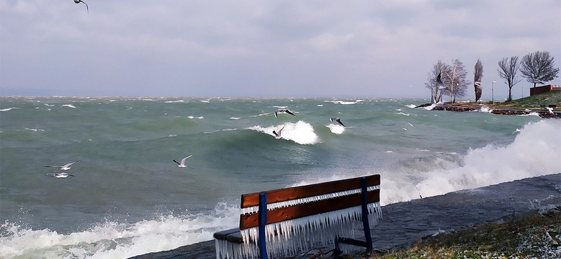 Ropogósra fagyott a fű a Balatonnál