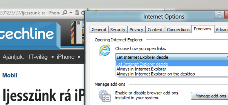 Választható lesz a Windows 8-ban, melyik IE10 verzióval akarunk megnyitni egy linket