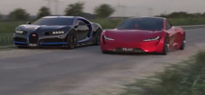 Szinte igazinak tűnik a Tesla Roadster 2 és Bugatti Chiron csatája – videó