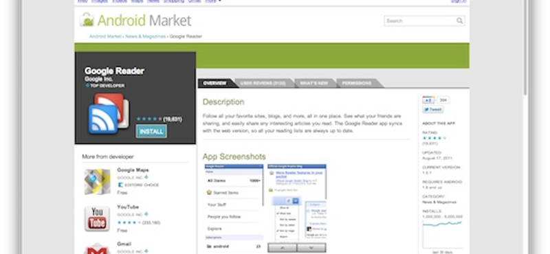 Google Reader alkalmazás az Androidos táblákra is