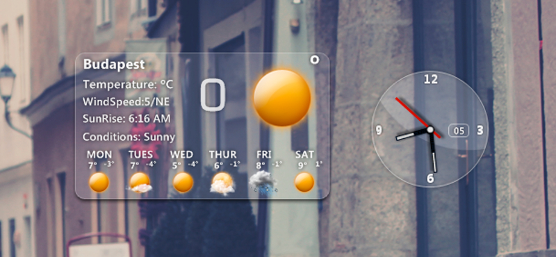 Ízléses, üvegfelületet utánzó óra és időjárás-előrejelző modul a Windowsra