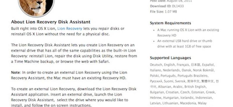 Letölthető a Lion Recovery Disk Assistant