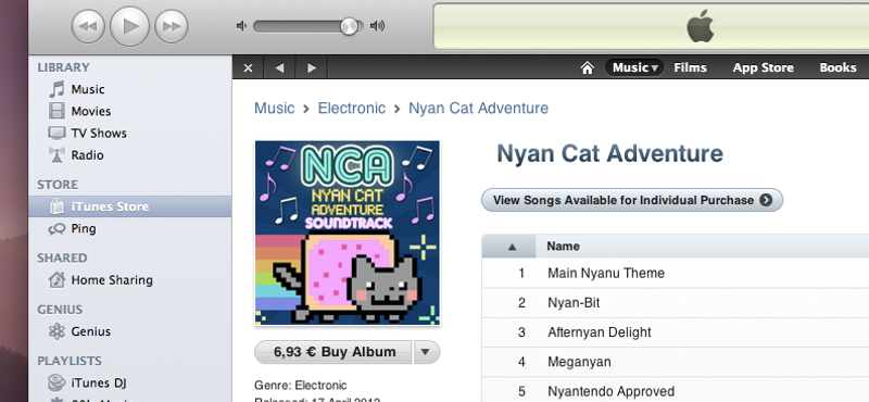 Nyan Cat zenei album az iTunes Store-ban