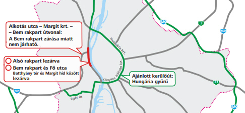 Javasolt útvonalak Budapest belvárosa helyett - térkép