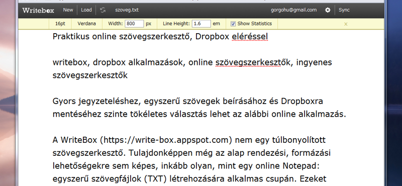 Praktikus online szövegszerkesztő, Dropbox eléréssel