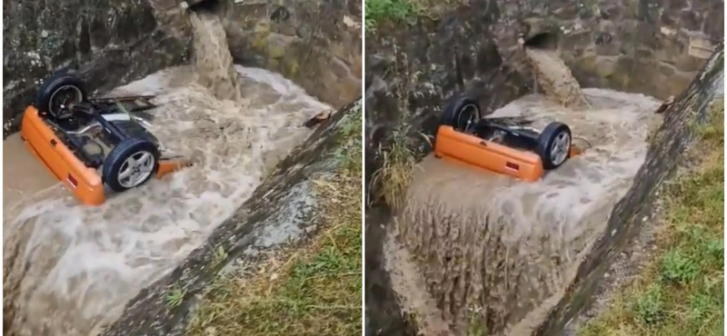 A megáradt csatornába zuhant egy autó az Ürömi útnál – videó