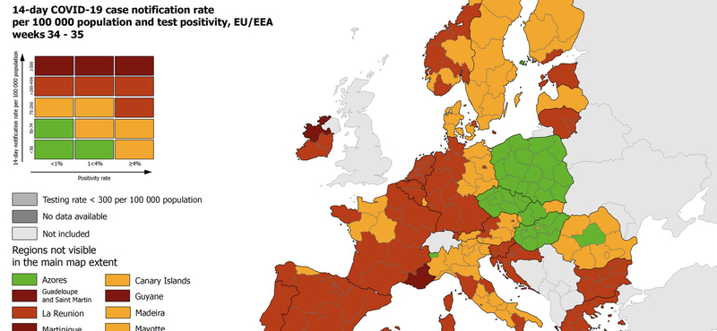 A nagyobb fertőzöttséget jelző narancssárga lett Budapest az uniós Covid-térképen