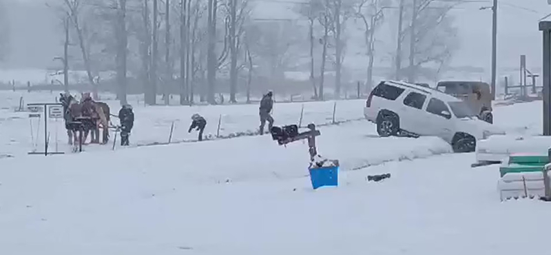 Jól jött a két valódi lóerő a havazásban árokba csúszott terepjárósnak – videó