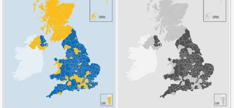 Kamu a Brexit-térképhez hasonlító kergemarhakór-térkép