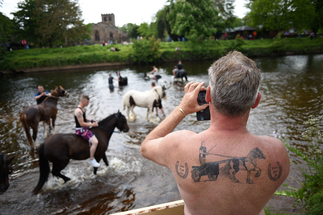 afp.15.06.04. - Appleby-in-Westmorland, Egyesült Királyság: Lovak tisztítása a hagyományos Appleby lóvásár előtt Nagy-Britanniában - 7képei, lóvásár, ló